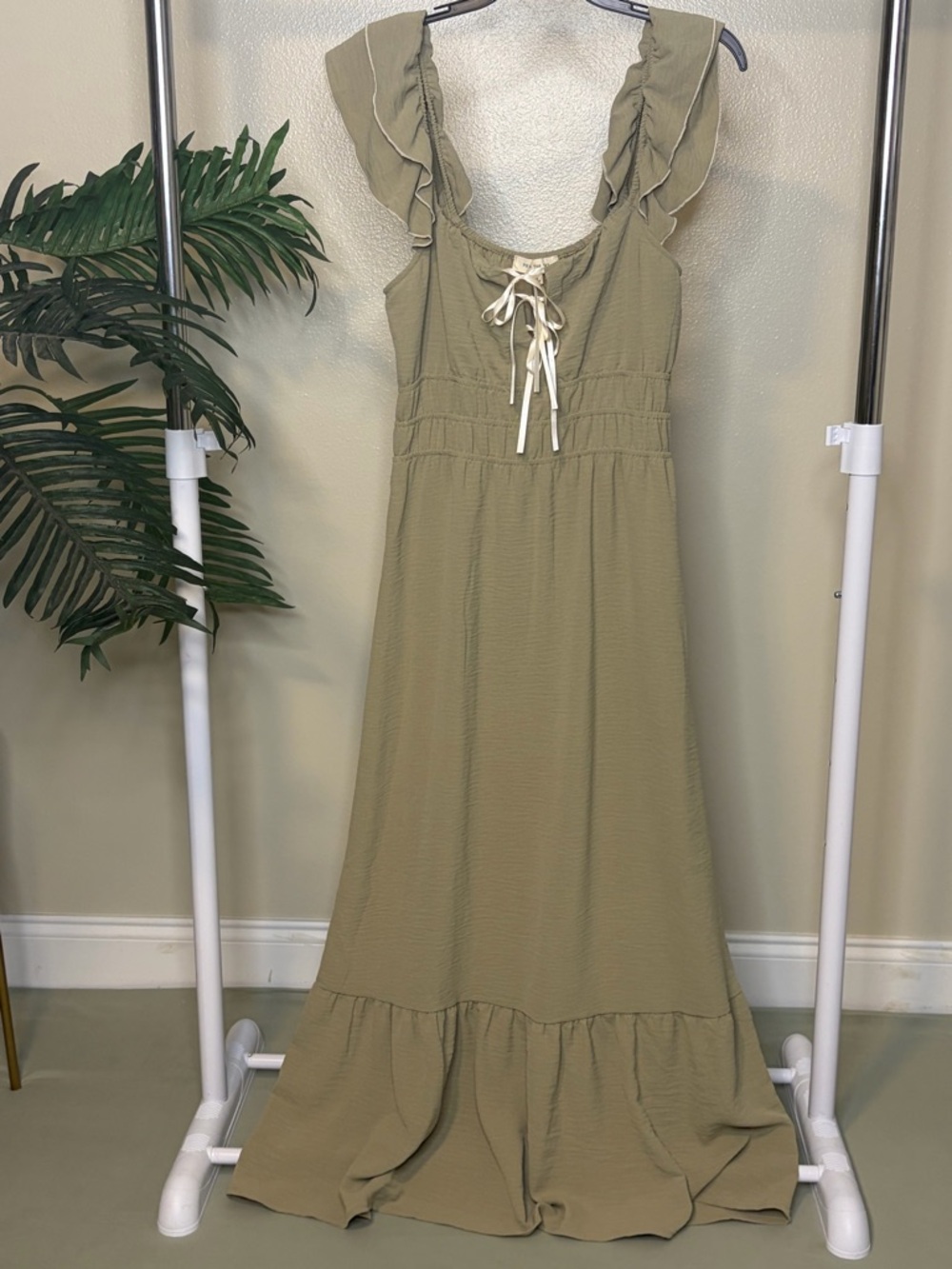 Pie in the Sky Olive Green Maxi Dress Ruffle Strap Boho Cottagecore
